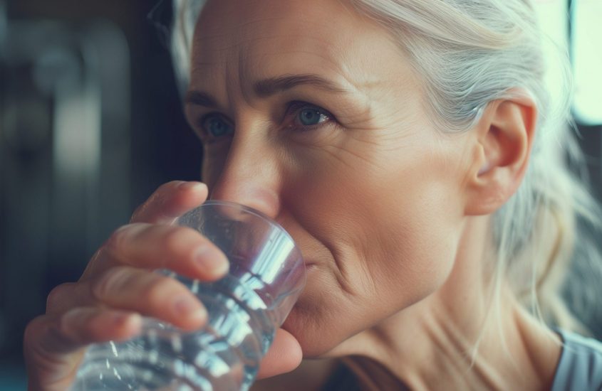Woman sips from a glass of water