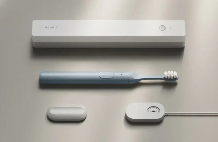 A picture of the Suri electric toothbrush with accessories