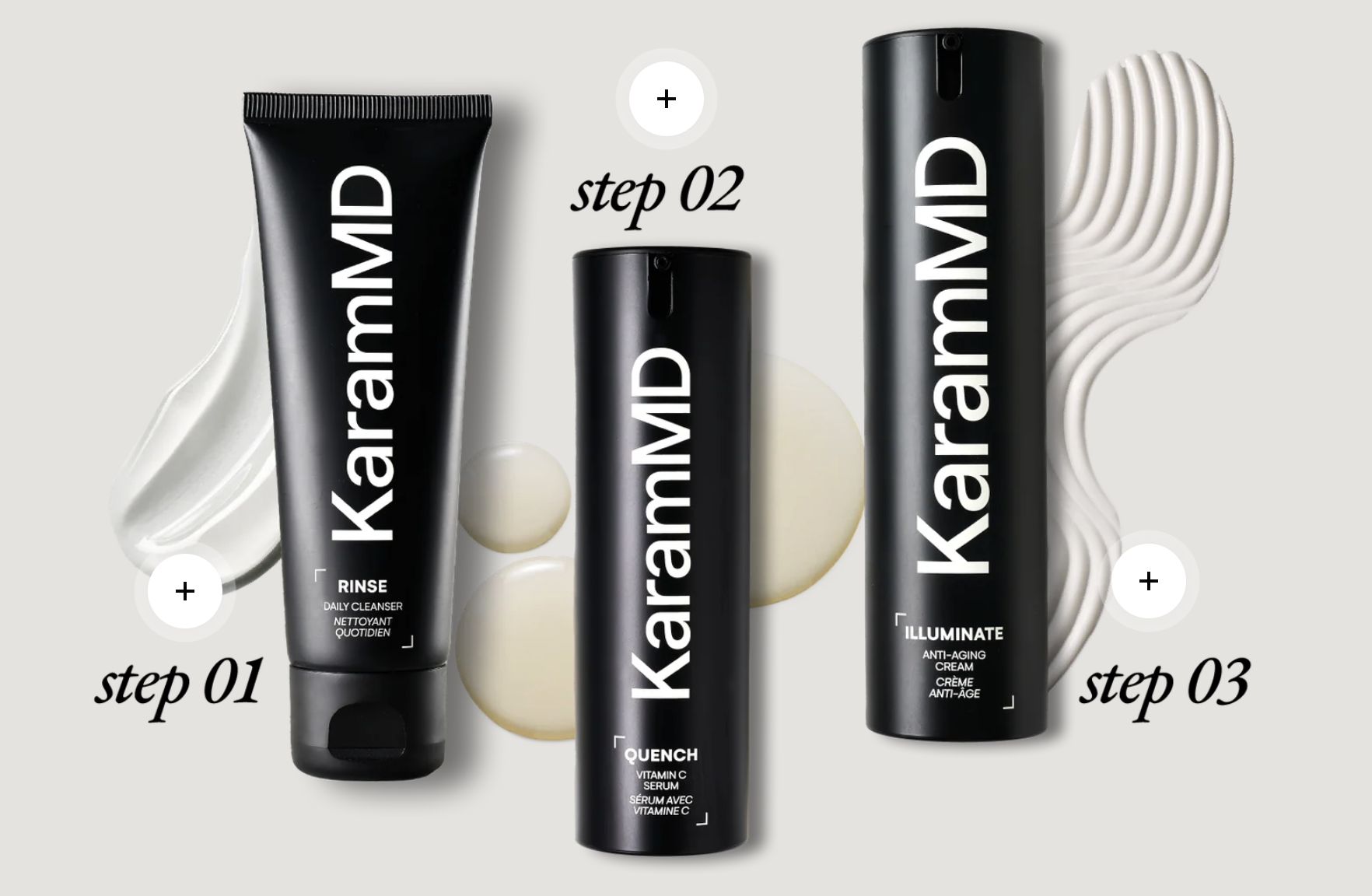 Bottles of cleanser, vitamin c serum, and anti-aging cream that make up the KaramMD Trifecta