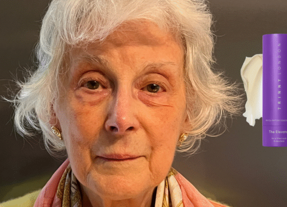 A close-up photo of my mum Rhoda alongside a purple bottle of Elevator serum from Trinny London