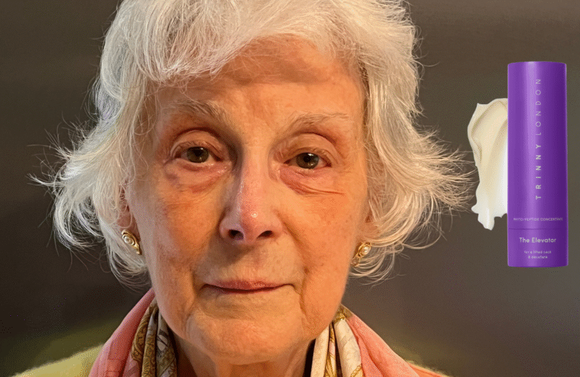 A close-up photo of my mum Rhoda alongside a purple bottle of Elevator serum from Trinny London