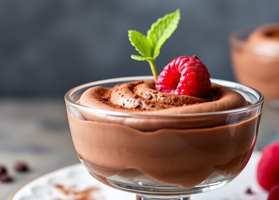 A glass cup of chocolate mousse with a mint leaf for decoration