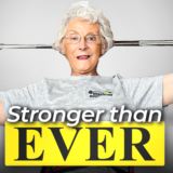 Picture of Rhoda Stephen sitting up from a bench press with the text Stronger Than Ever in front of her