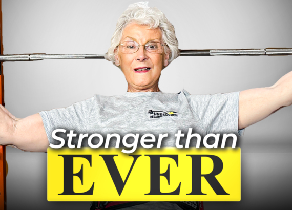 Picture of Rhoda Stephen sitting up from a bench press with the text Stronger Than Ever in front of her