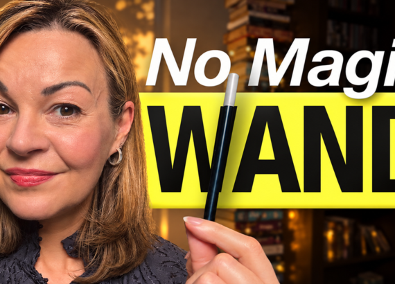 Clare Johnston holds a wand with the text 'No Magic Wand' next to her
