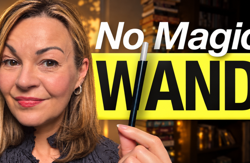 Clare Johnston holds a wand with the text 'No Magic Wand' next to her